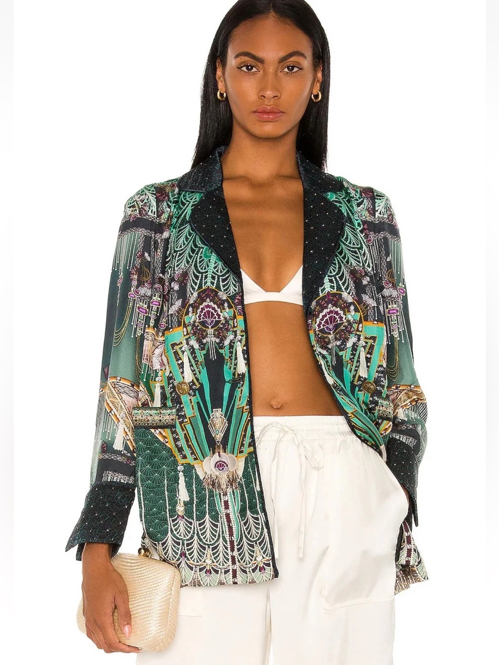 Camilla "Fitsgeralds Flapper" green silk art deco quilted jacket top M NO BELT